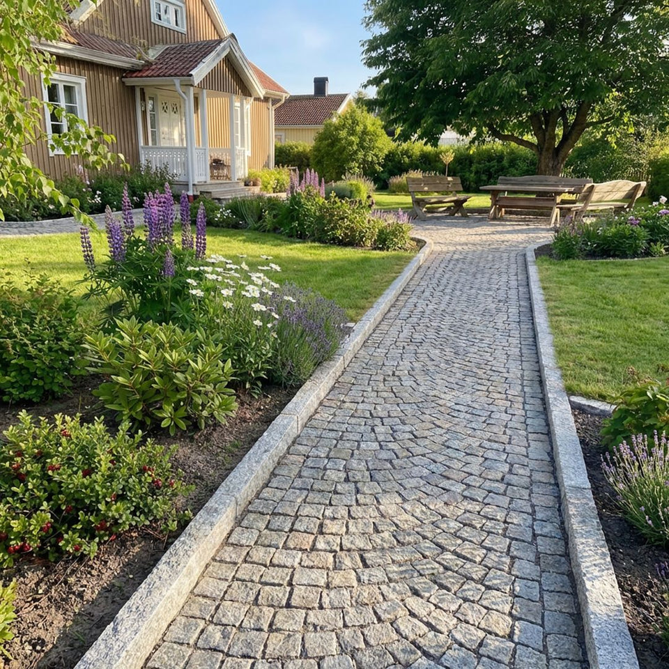 Kantsten i granit, som är av sorten GV6, ramar in en gång lagd med smågatsten. Gången leder mot ett gult trähus. På utsidan av granitkantstenen är det gräsmattor och blomsterplanteringar. Stengrossen säljer både kantstenen och smågatstenen.