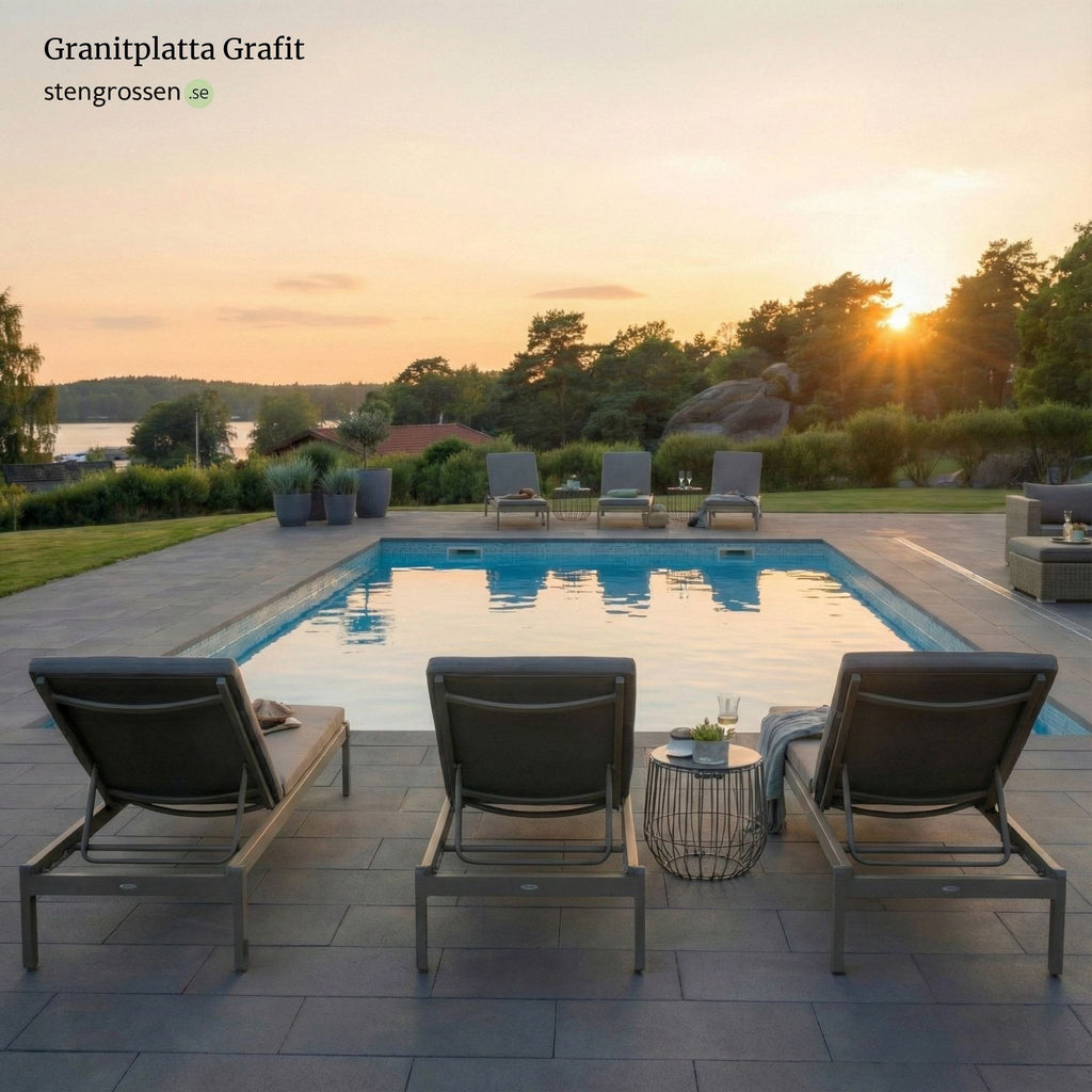 Granitplatta i grafit 60x30x3 cm runt pool i svensk trädgårdsmiljö, ger ett stilrent och modernt uttryck, Stengrossen säljer produkten.