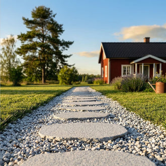 Trampstenar som ligger i en bädd av vit dekorsten. Gången vätter mot ett rött hus. Formen är oval och färgen är grå. Stengrossen säljer Steppingstones.