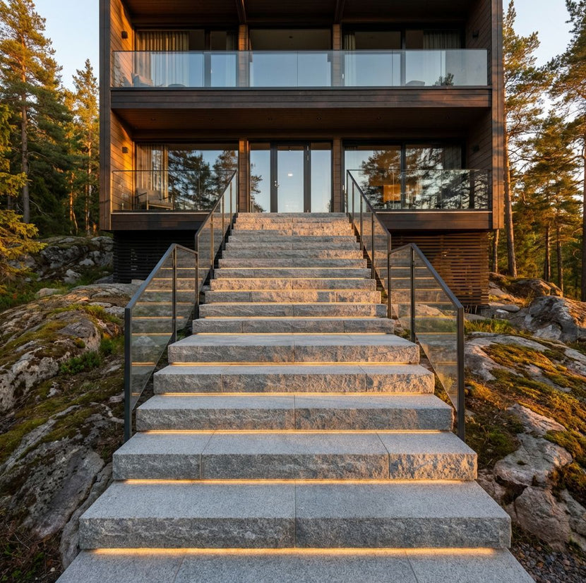 Entrétrappa framför funkishus med grå granittrappsteg som Stengrossen säljer och räcken i glas.