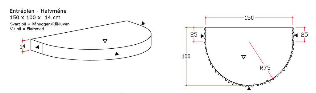 Ritning över vårt entréplan som är halvmåneformat. Mått anger Entre´planets dimensioner. Säljs av Stengrossen