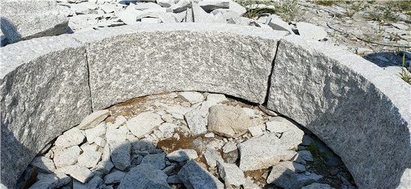 Svängda stenar bildar en cirkel. Radie 1,0 meter. Stengrossen